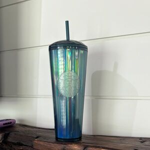 Starbucks Holographic Blue Tumbler with Lid and Straw